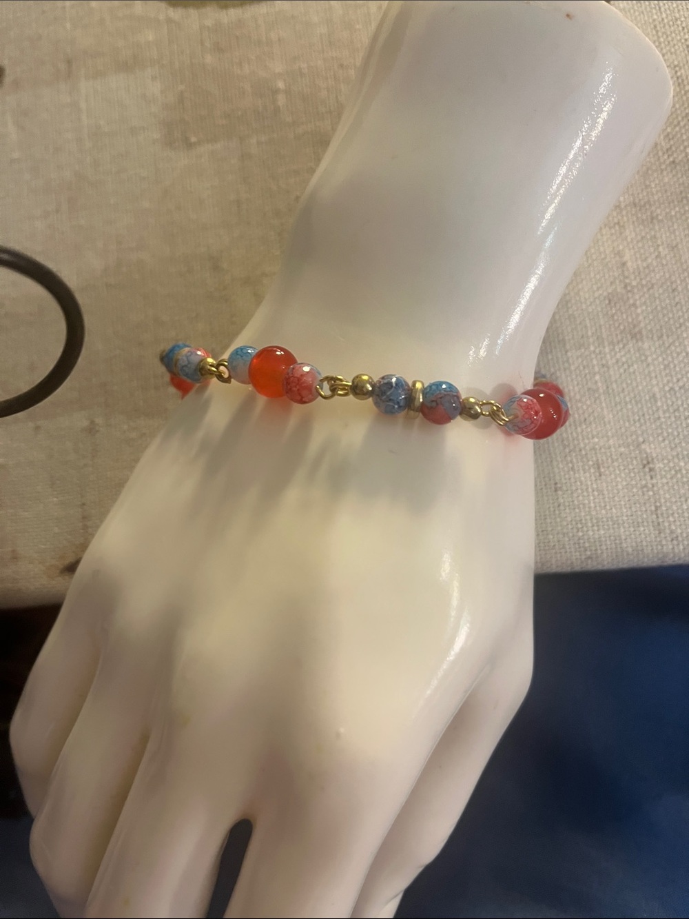 Gold-Tone Bracelet with Coral and Sky Blue Glass Beads #3